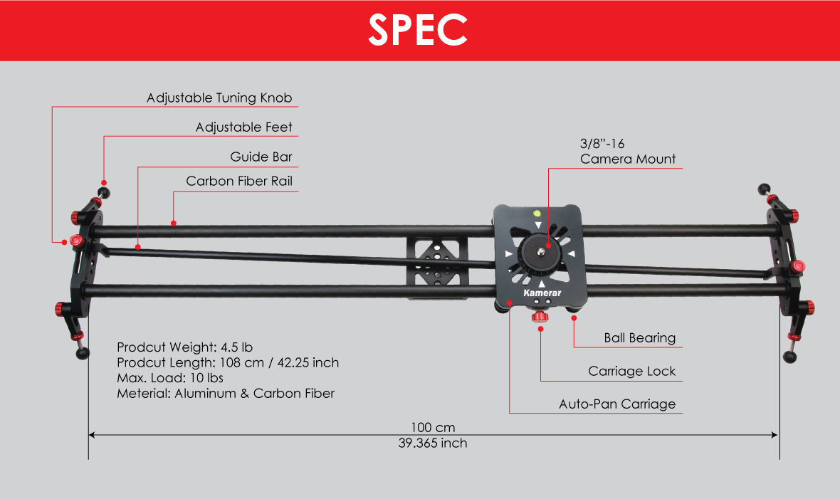 Pan-100 Track Motion Rail Stabilization DSLR Camera Slider: Parallax and Panoramic Slide Adjustable Legs Light Carbon Fiber Rail Angle Follow Focus 